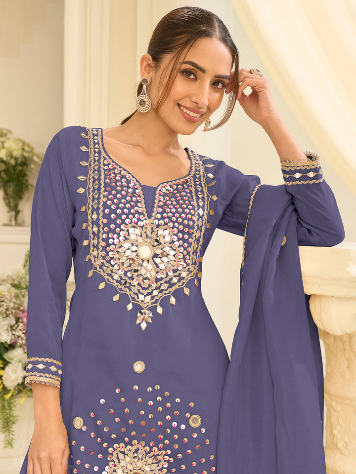 Blue Art Silk Embroidered Kurta With Sharara &amp; Dupatta