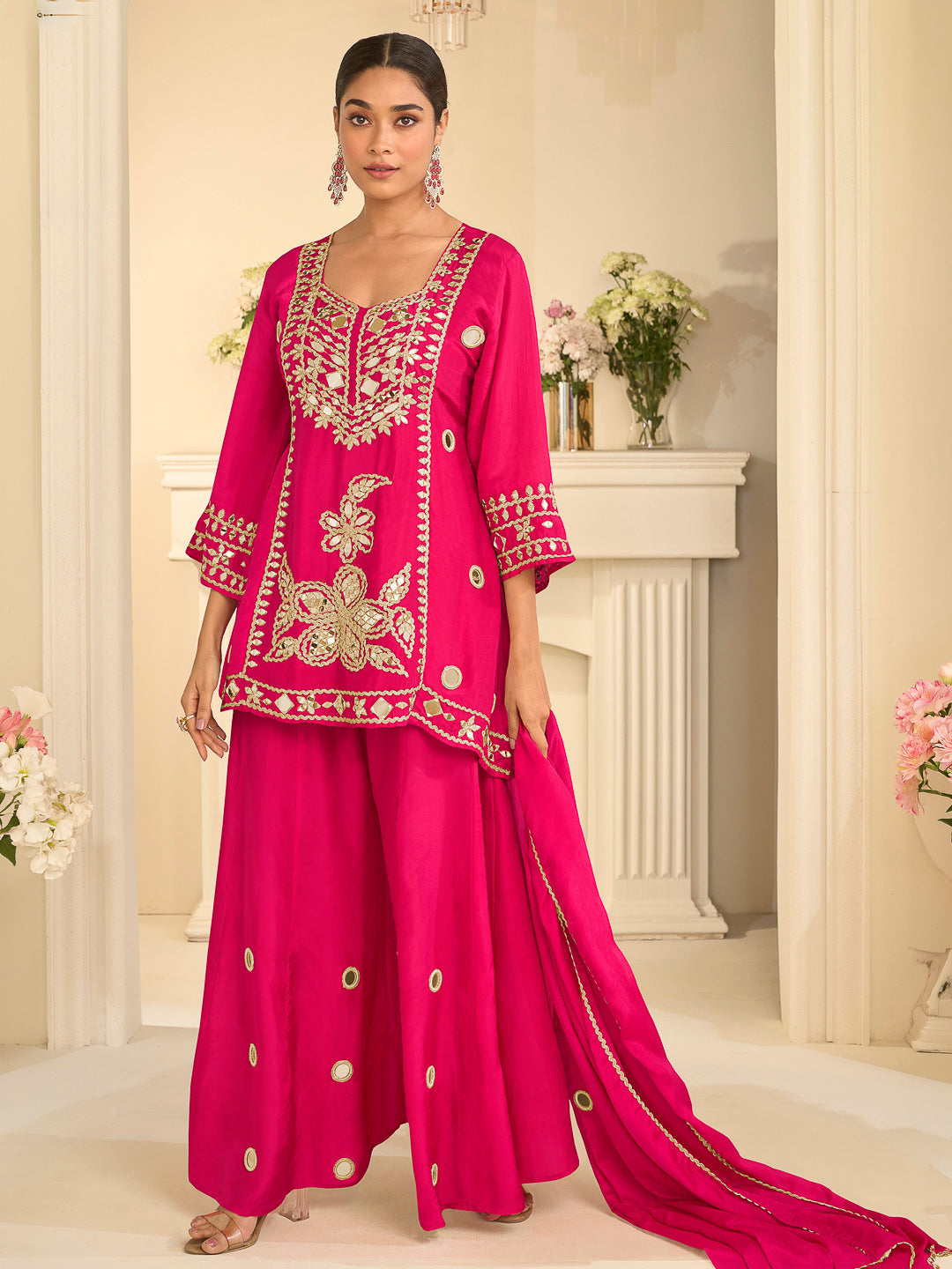 Rani Chinon Embroidered Kurta Set With Palazzo &amp; Dupatta