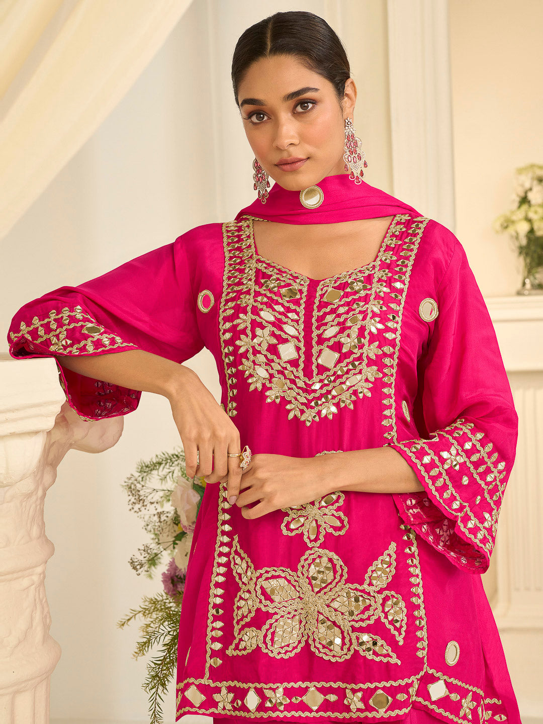 Rani Chinon Embroidered Kurta Set With Palazzo &amp; Dupatta