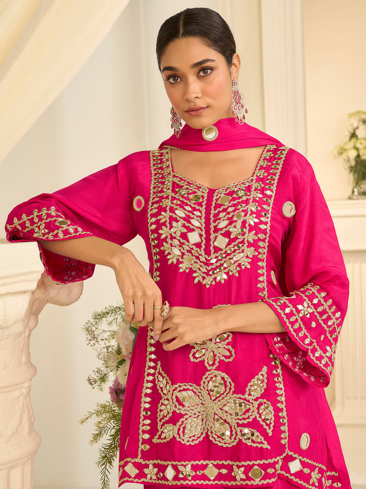 Rani Chinon Embroidered Kurta Set With Palazzo &amp; Dupatta