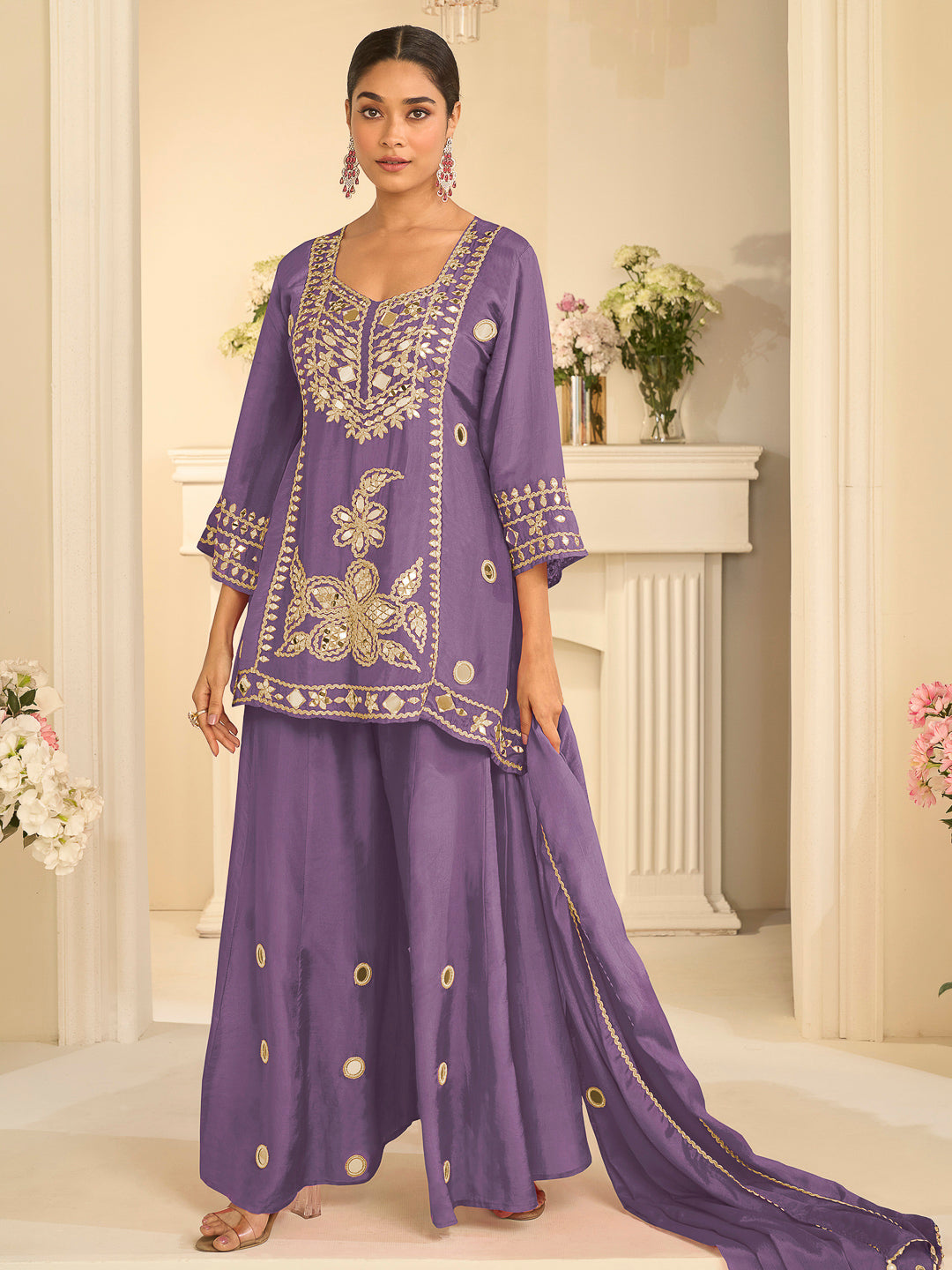 Lavender Chinon Embroidered Kurta Set With Palazzo &amp; Dupatta