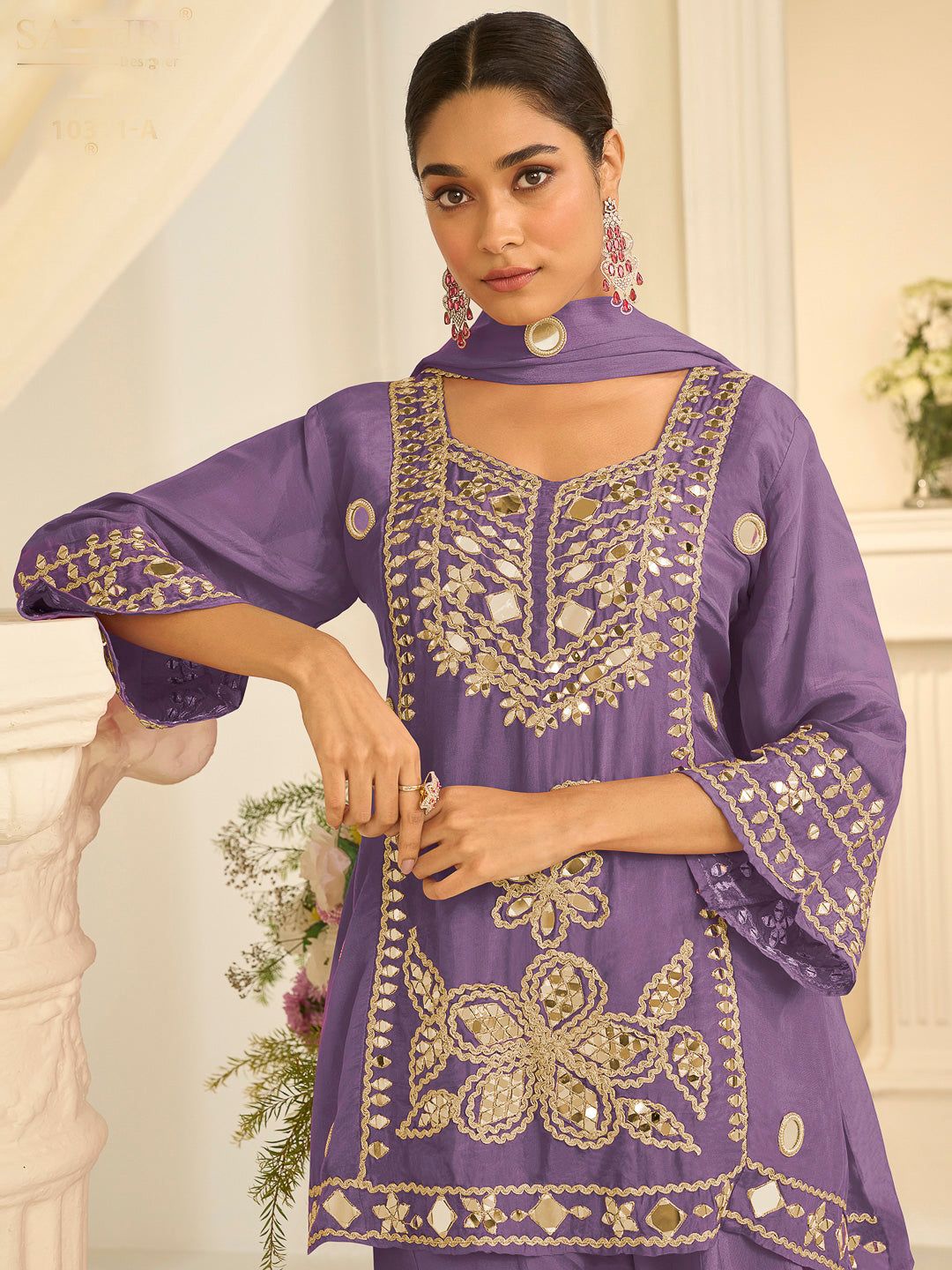 Lavender Chinon Embroidered Kurta Set With Palazzo &amp; Dupatta