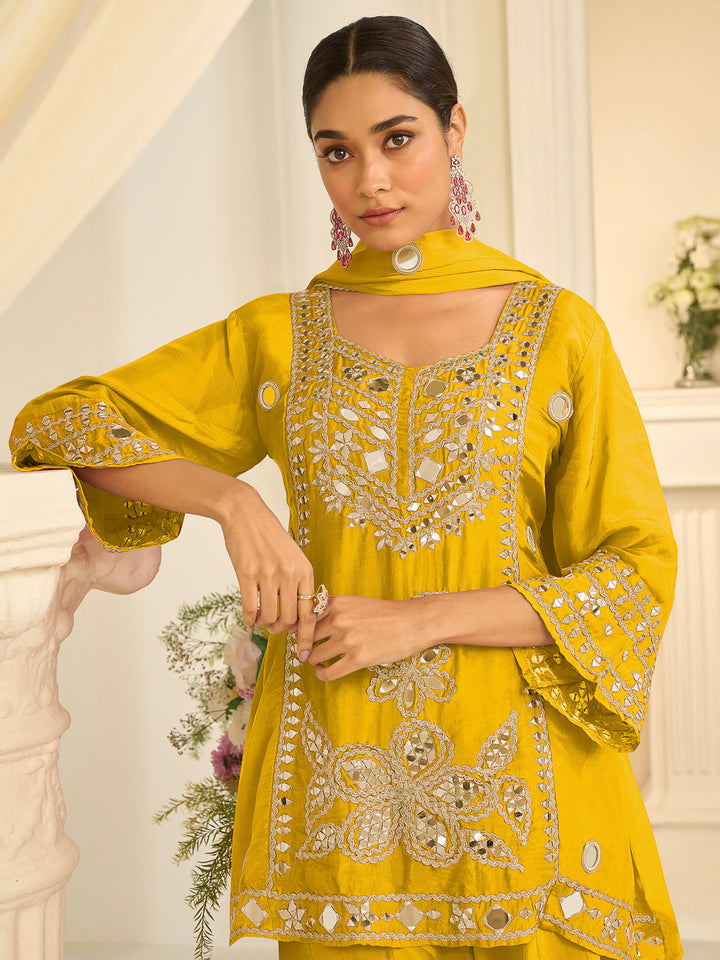 Yellow Chinon Embroidered Kurta Set With Palazzo &amp; Dupatta