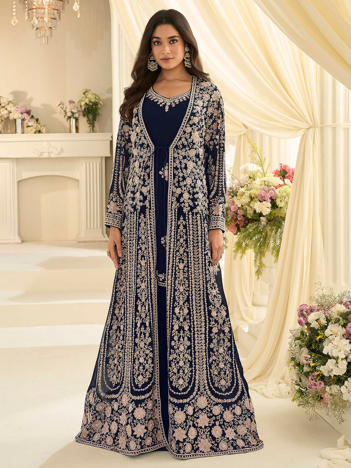 Navy Blue Chinon Embroidered Anarkali Gown With Dupatta