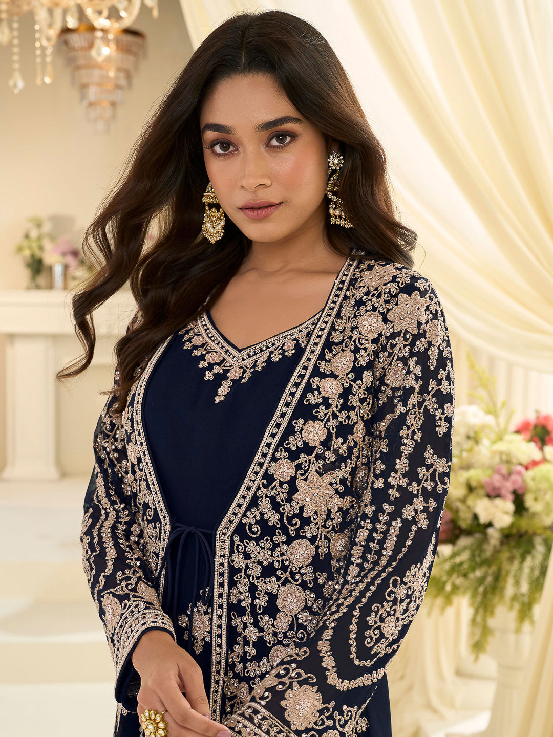 Navy Blue Chinon Embroidered Anarkali Gown With Dupatta