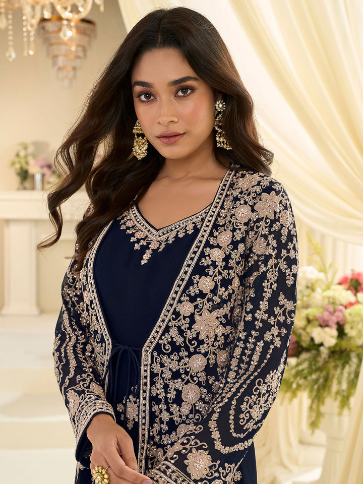 Navy Blue Chinon Embroidered Anarkali Gown With Dupatta