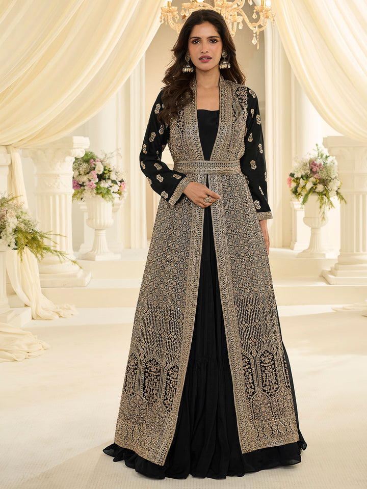 Black Chinon Embroidered Anarkali Gown With Dupatta