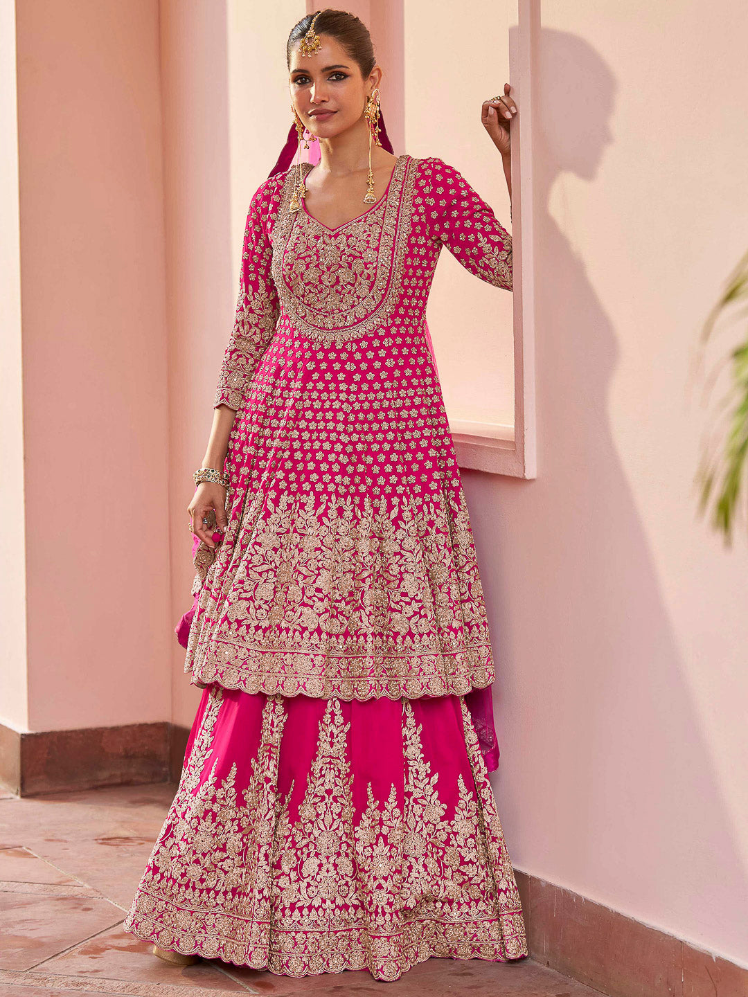 Pink Georgette Embroidered Short Anarkali Top With Skirt &amp; Dupatta