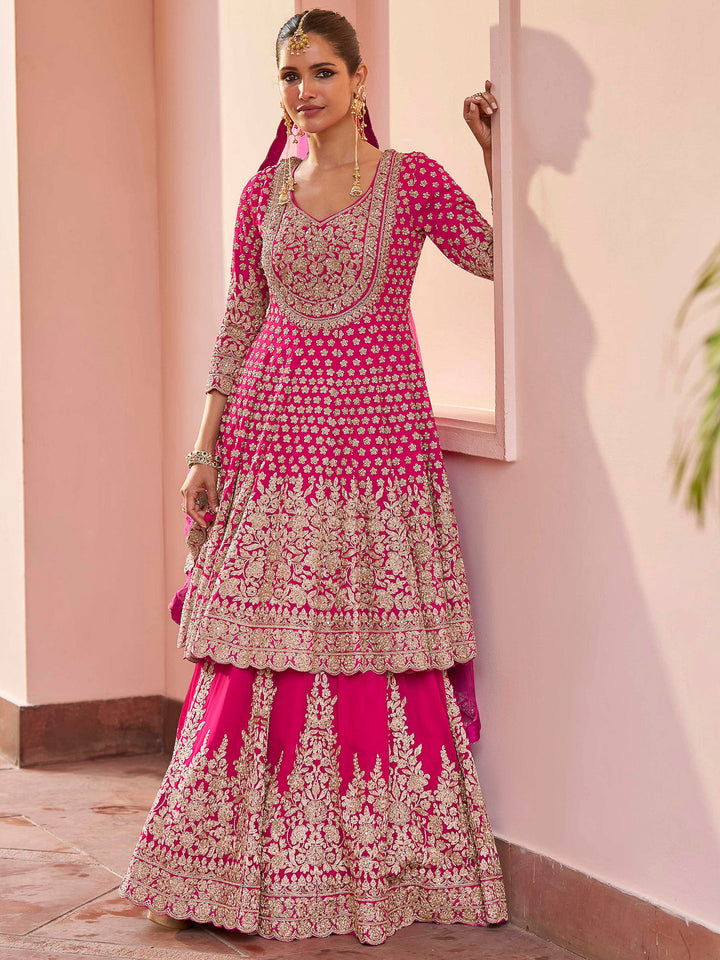 Pink Georgette Embroidered Short Anarkali Top With Skirt &amp; Dupatta
