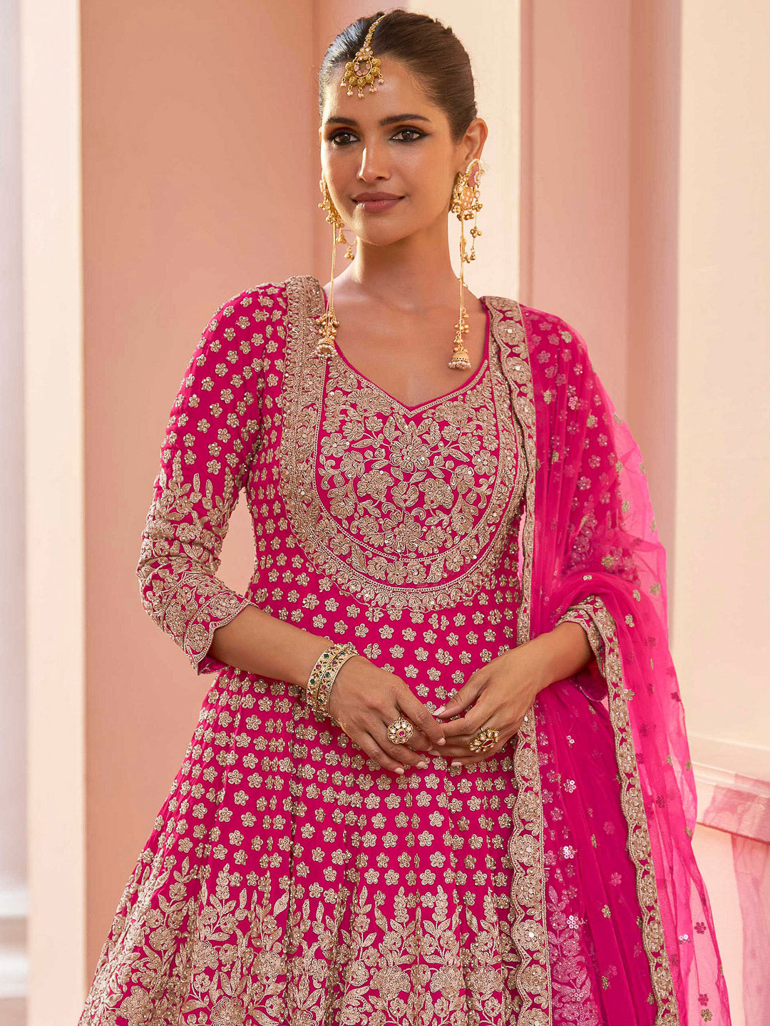 Pink Georgette Embroidered Short Anarkali Top With Skirt &amp; Dupatta