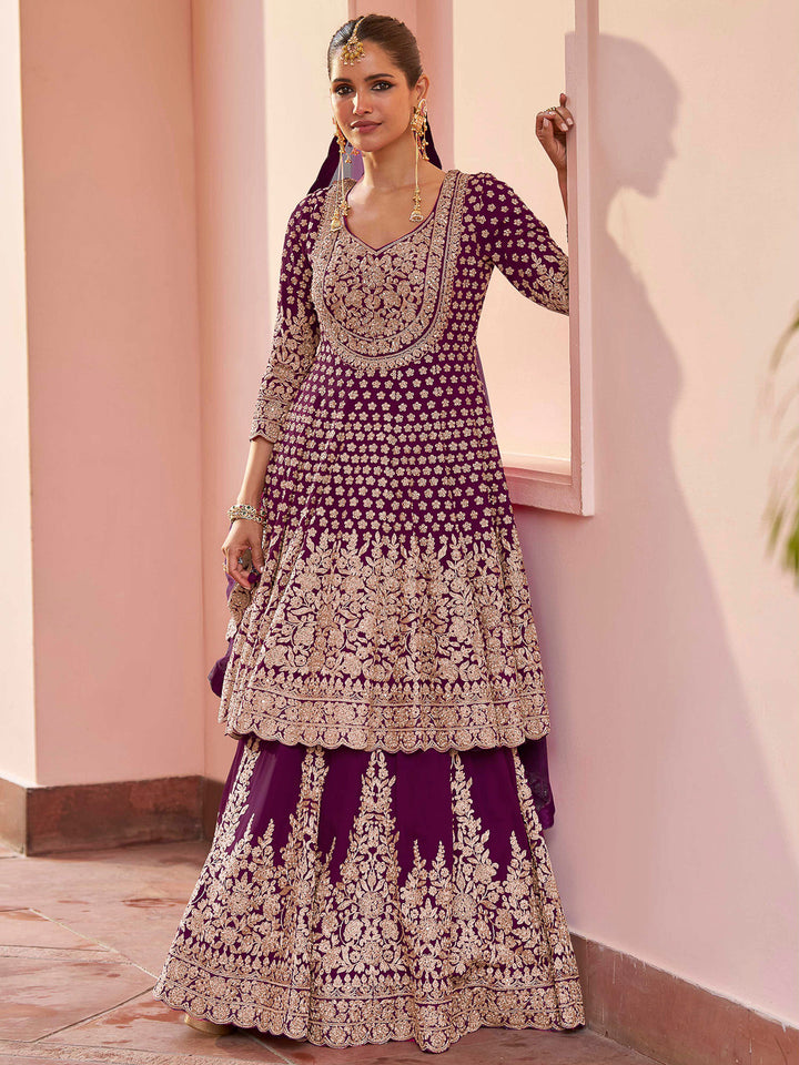 Wine Georgette Embroidered Short Anarkali Top With Skirt &amp; Dupatta