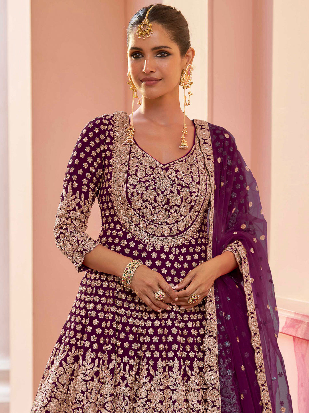 Wine Georgette Embroidered Short Anarkali Top With Skirt &amp; Dupatta