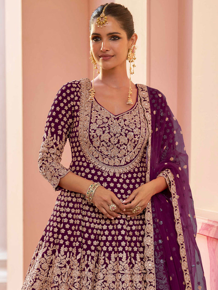 Wine Georgette Embroidered Short Anarkali Top With Skirt &amp; Dupatta