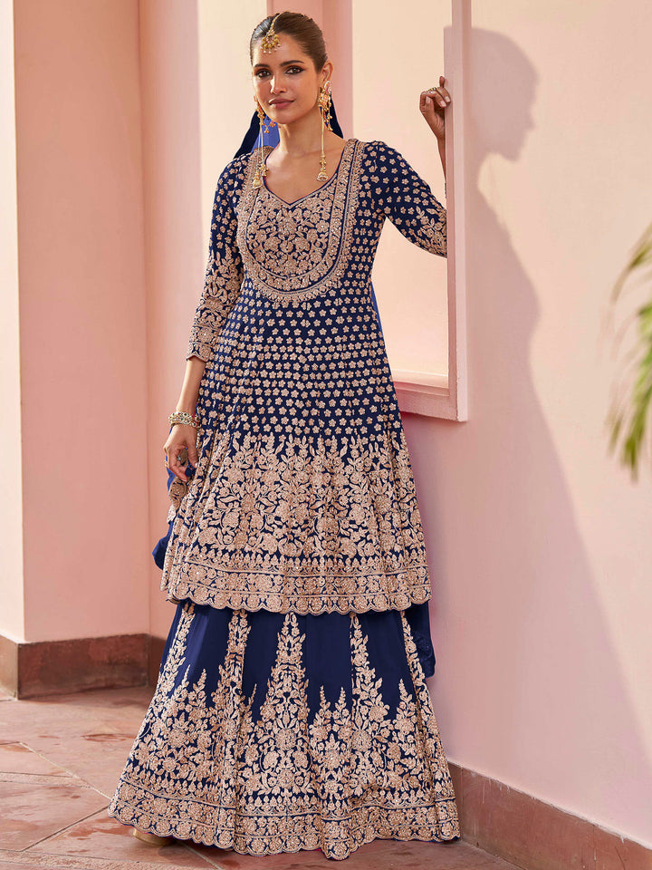 Blue Georgette Embroidered Short Anarkali Top With Skirt &amp; Dupatta