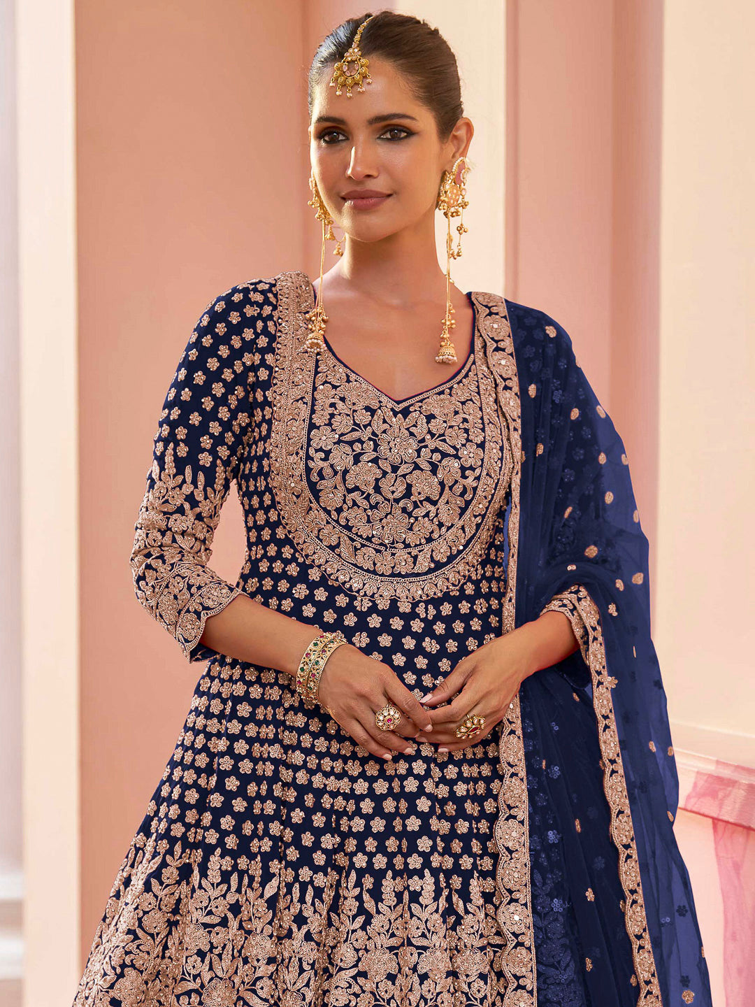Blue Georgette Embroidered Short Anarkali Top With Skirt &amp; Dupatta