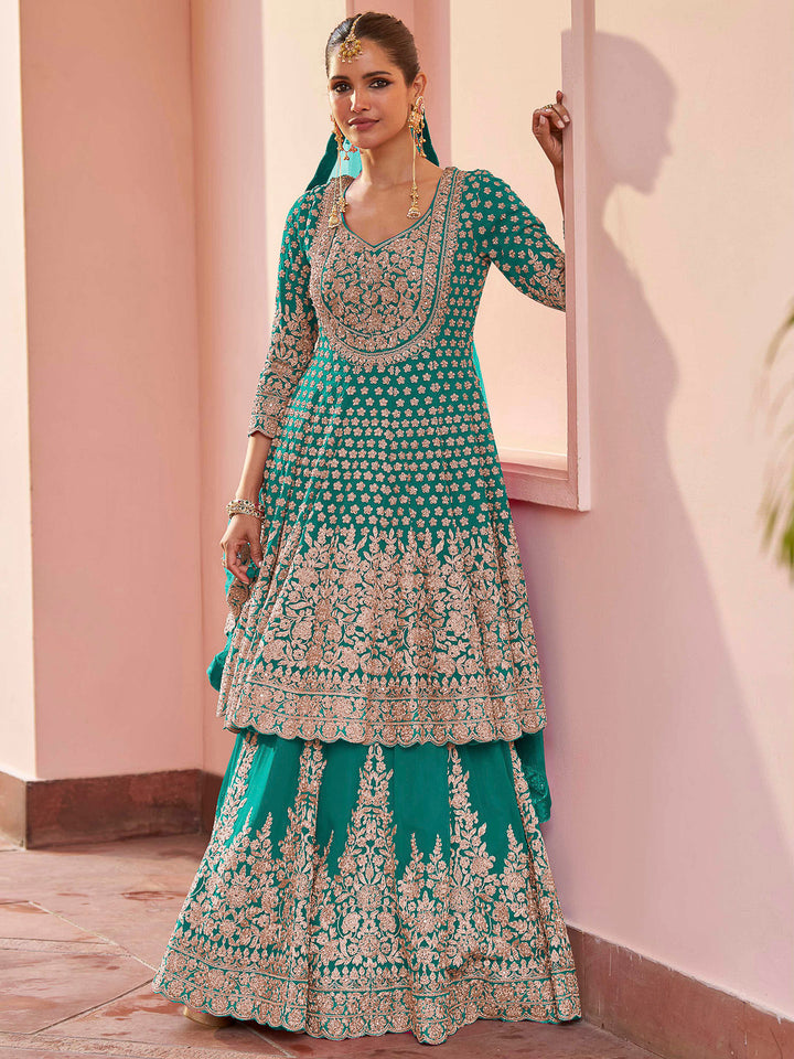 Turquoise Georgette Embroidered Short Anarkali Top With Skirt &amp; Dupatta