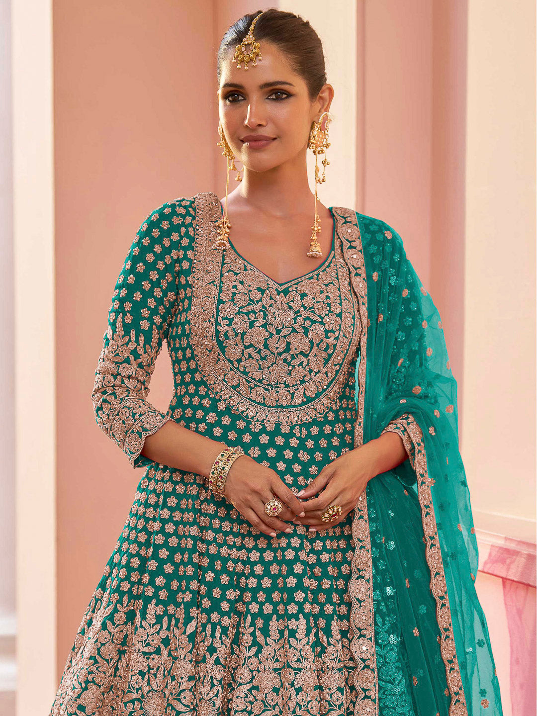 Turquoise Georgette Embroidered Short Anarkali Top With Skirt &amp; Dupatta