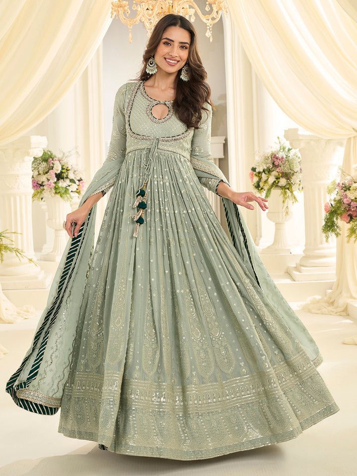 Sea Green Georgette Embroidered Anarkali Gown With Dupatta
