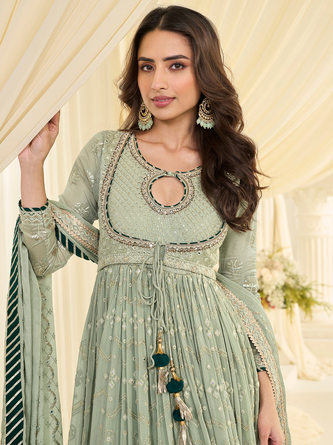 Sea Green Georgette Embroidered Anarkali Gown With Dupatta