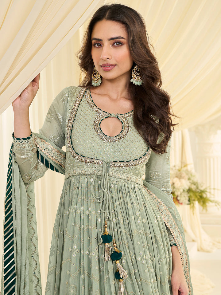 Sea Green Georgette Embroidered Anarkali Gown With Dupatta
