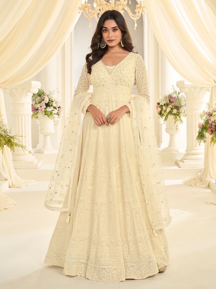 Cream Georgette Embroidered Anarkali Gown With Dupatta