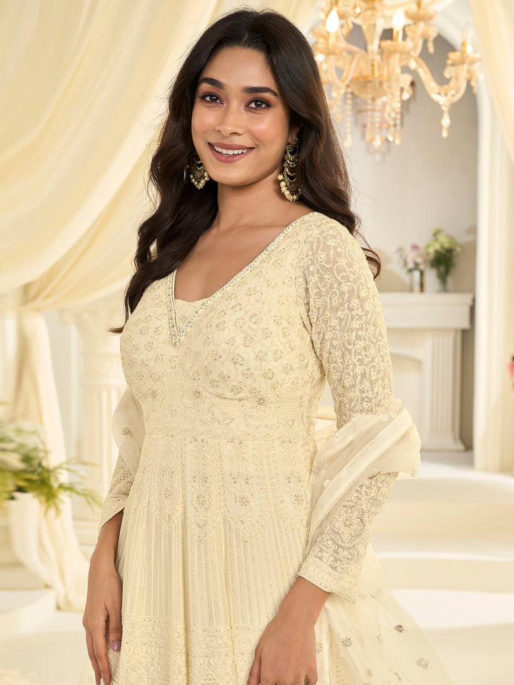 Cream Georgette Embroidered Anarkali Gown With Dupatta