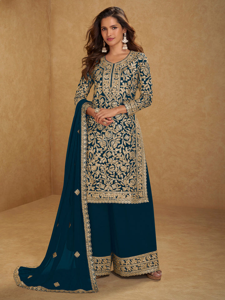 Teal Blue Georgette Embroidered Kurta With Palazzo &amp; Dupatta