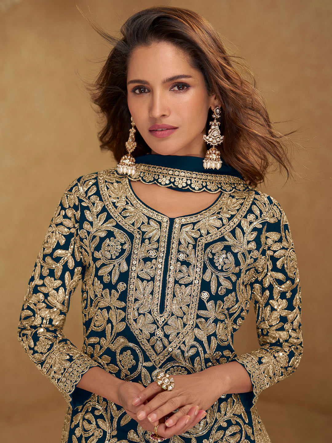 Teal Blue Georgette Embroidered Kurta With Palazzo &amp; Dupatta