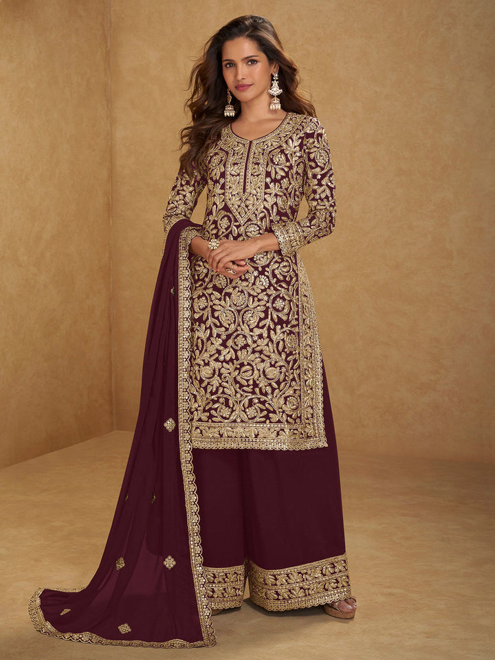 Maroon Georgette Embroidered Kurta With Palazzo &amp; Dupatta