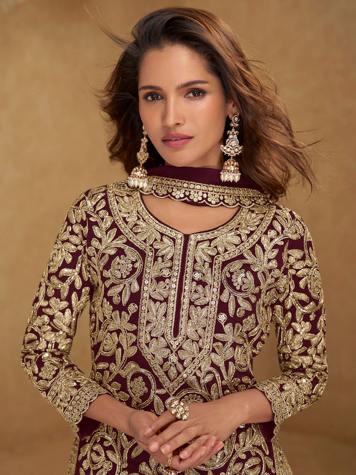 Maroon Georgette Embroidered Kurta With Palazzo &amp; Dupatta