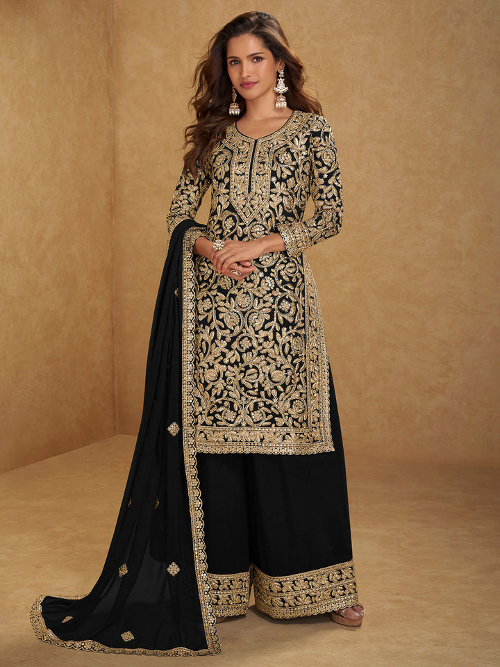 Black Georgette Embroidered Kurta With Palazzo &amp; Dupatta