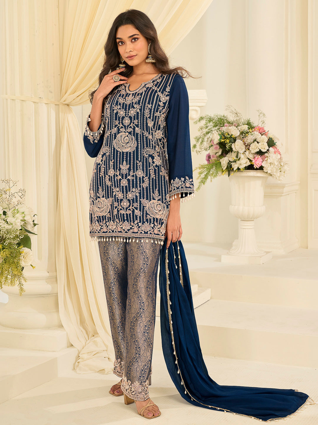 Blue Chinon Embroidered Kurta With Pant &amp; Dupatta