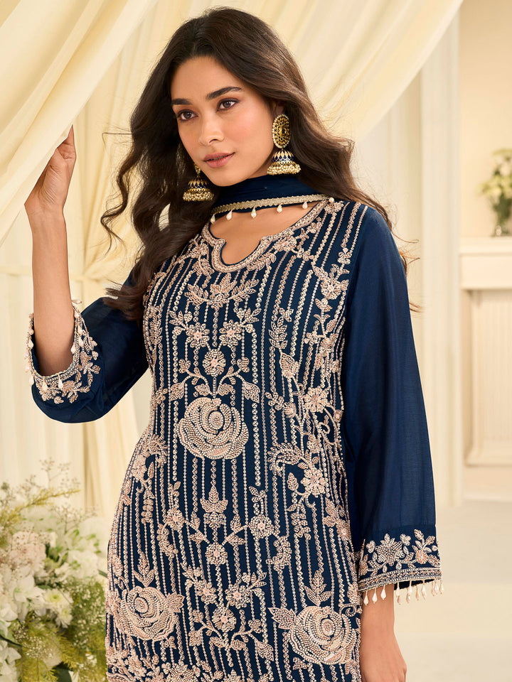 Blue Chinon Embroidered Kurta With Pant &amp; Dupatta