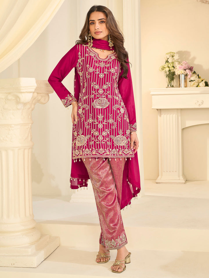 Rani-Pink Chinon Embroidered Kurta With Pant &amp; Dupatta