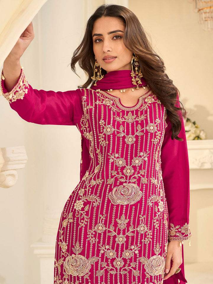 Rani-Pink Chinon Embroidered Kurta With Pant &amp; Dupatta