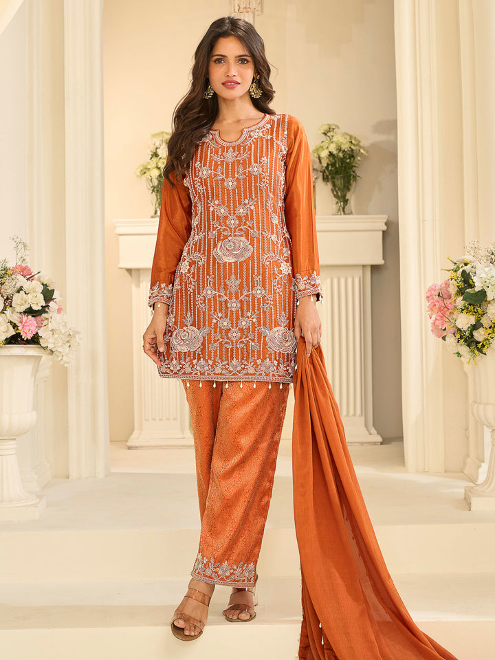 Orange Chinon Embroidered Kurta With Pant &amp; Dupatta