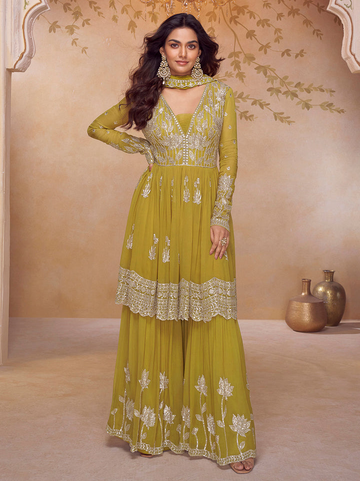 Yellow Chinon Embroidered Anarkali Short Kurta &amp; Palazzo With Dupatta