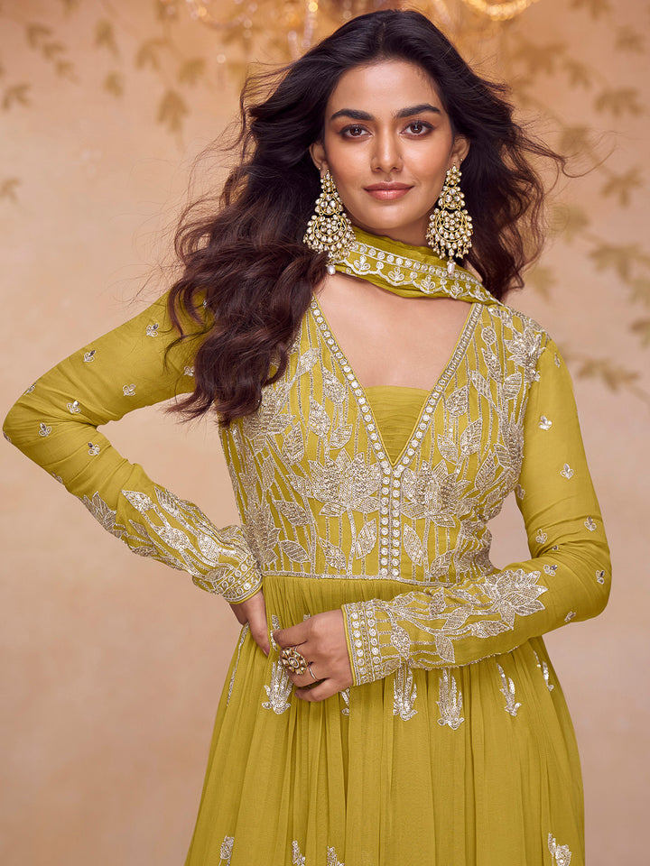 Yellow Chinon Embroidered Anarkali Short Kurta &amp; Palazzo With Dupatta