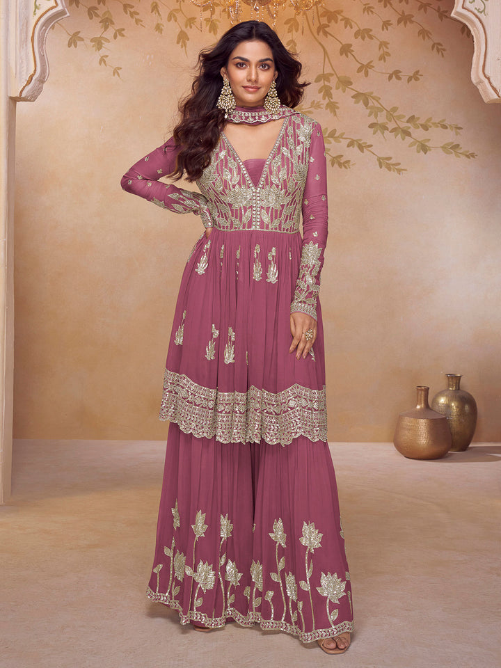 Pink Chinon Embroidered Anarkali Short Kurta &amp; Palazzo With Dupatta