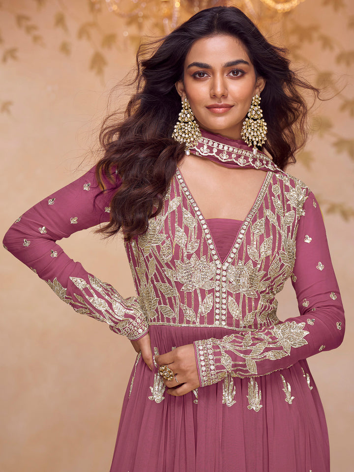 Pink Chinon Embroidered Anarkali Short Kurta &amp; Palazzo With Dupatta