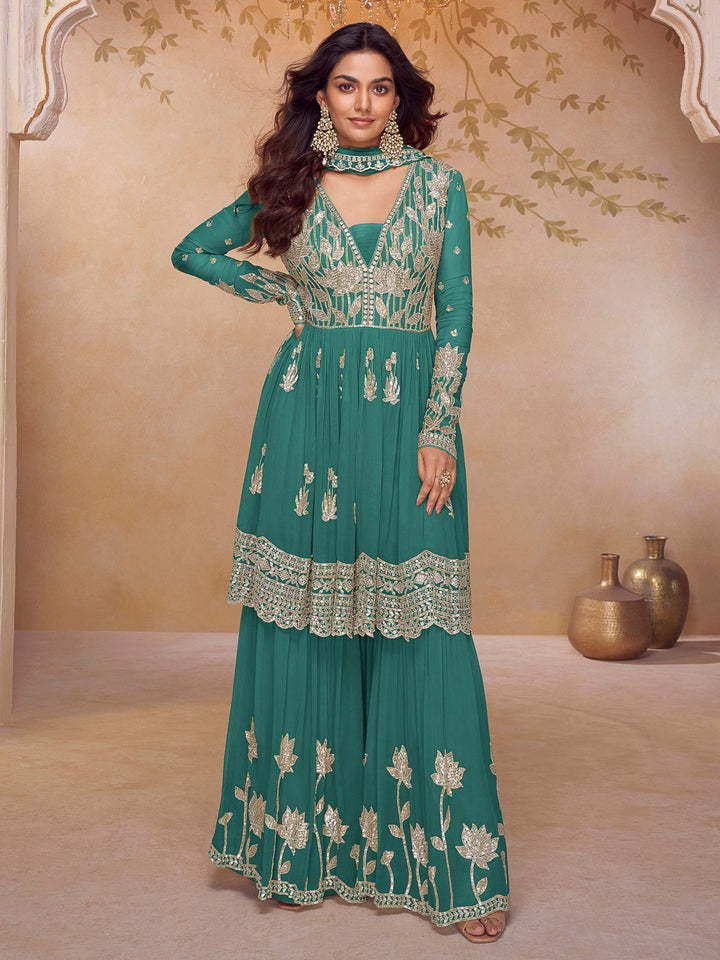 Turquoise Chinon Embroidered Anarkali Short Kurta &amp; Palazzo With Dupatta