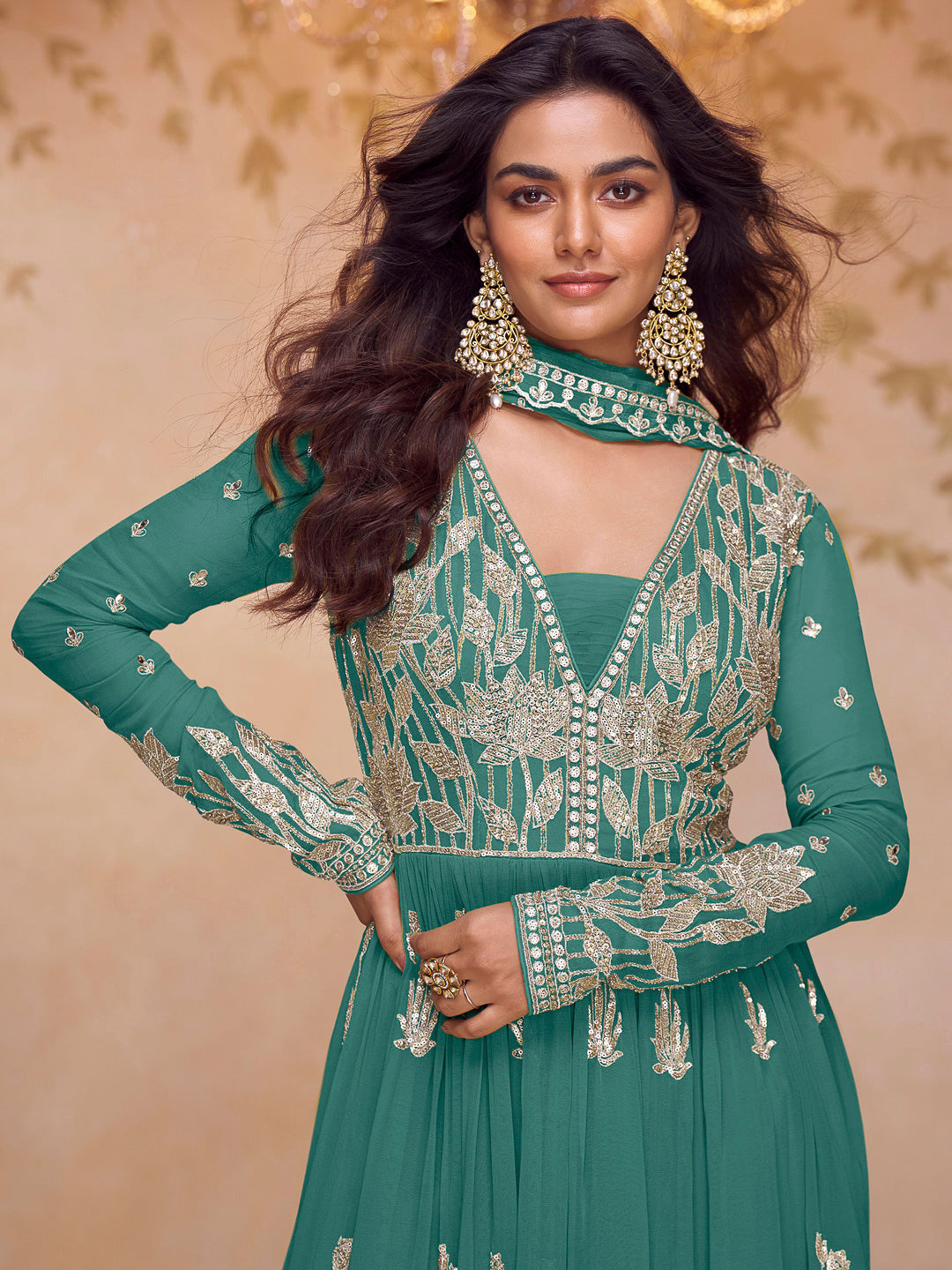 Turquoise Chinon Embroidered Anarkali Short Kurta &amp; Palazzo With Dupatta
