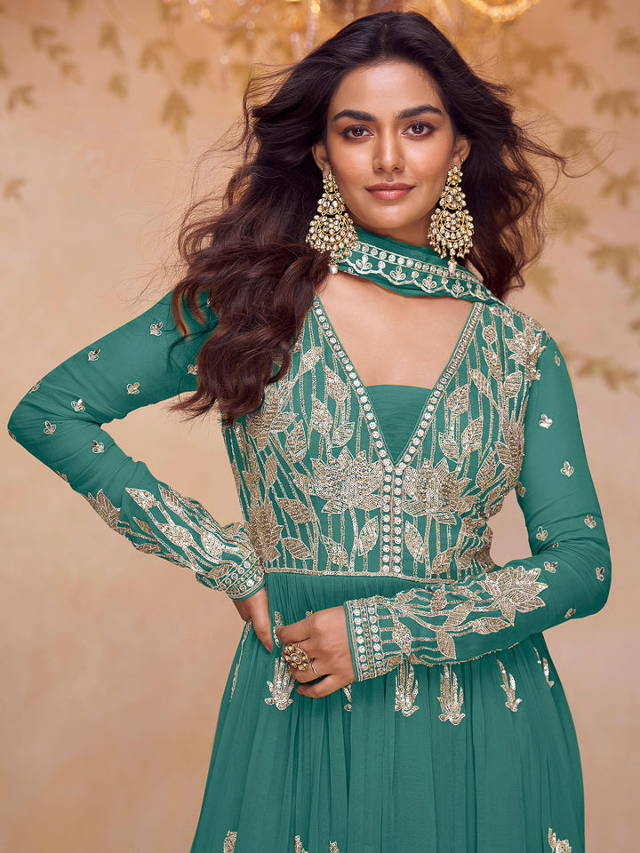 Turquoise Chinon Embroidered Anarkali Short Kurta &amp; Palazzo With Dupatta