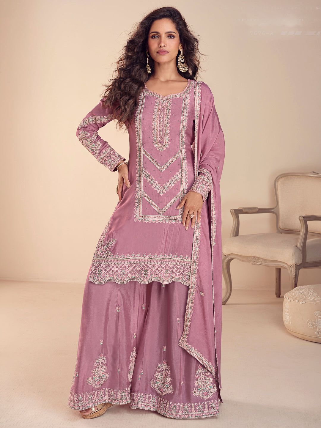 Pink Chinon Embroidered Kurta With Palazzo &amp; Dupatta