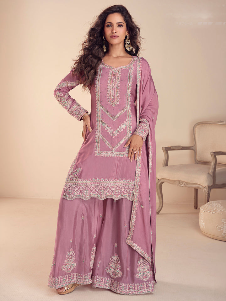 Pink Chinon Embroidered Kurta With Palazzo &amp; Dupatta