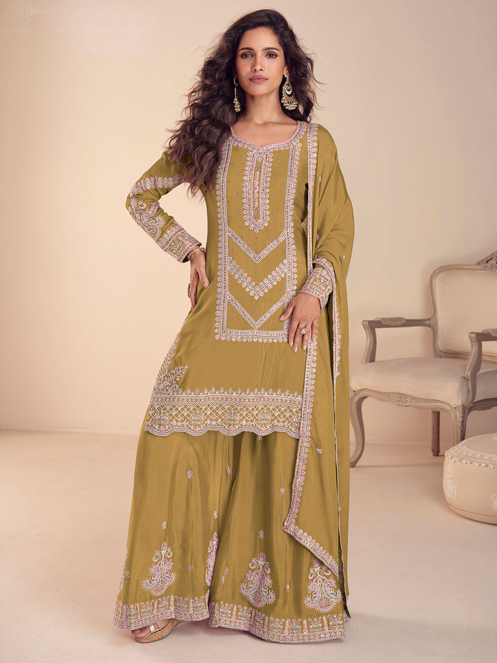 Mustard Chinon Embroidered Kurta With Palazzo &amp; Dupatta