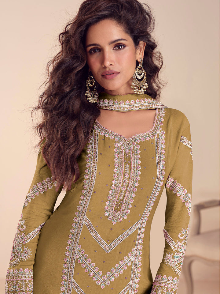 Mustard Chinon Embroidered Kurta With Palazzo &amp; Dupatta