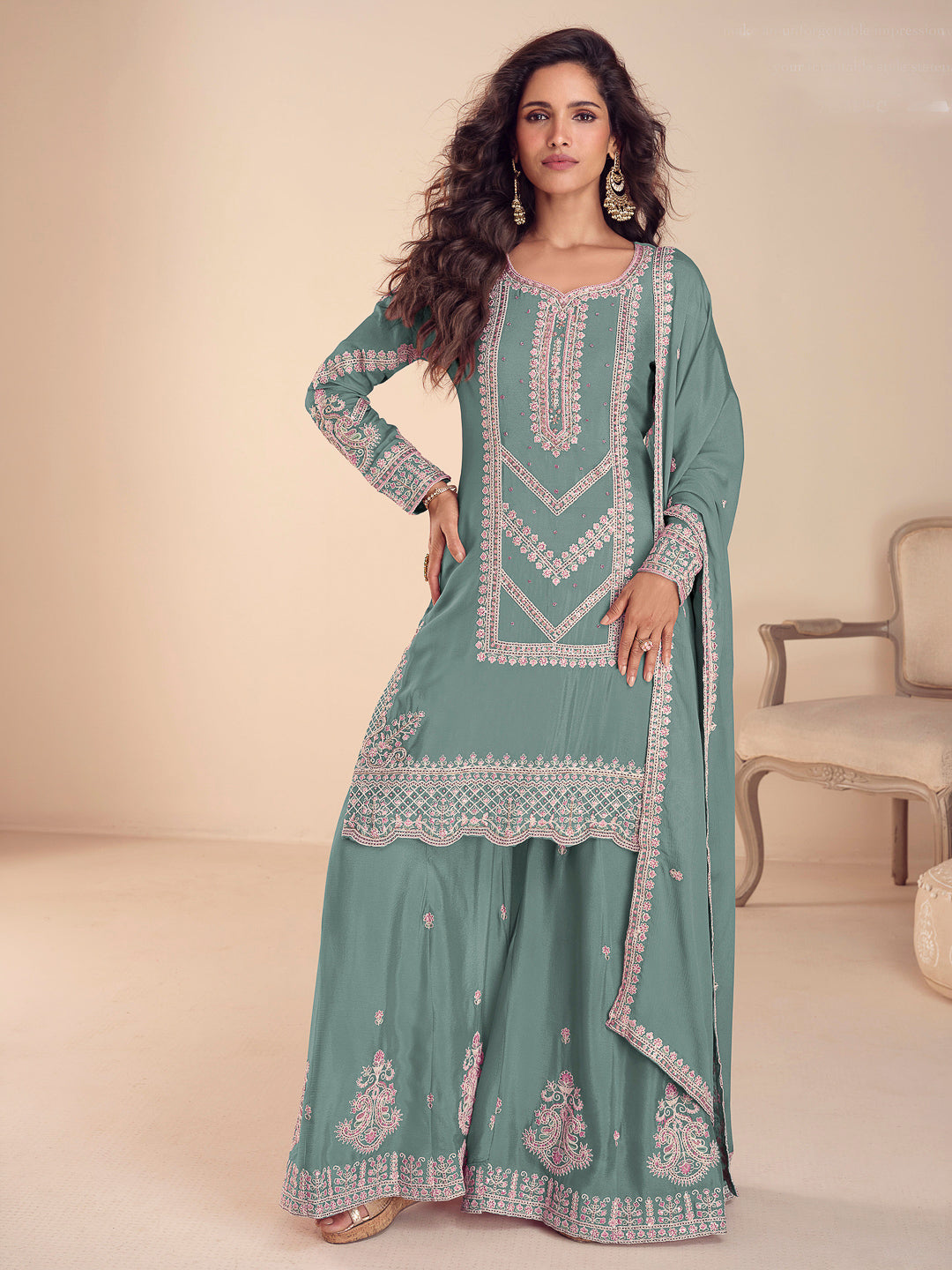 Sea Green Chinon Embroidered Kurta With Palazzo &amp; Dupatta