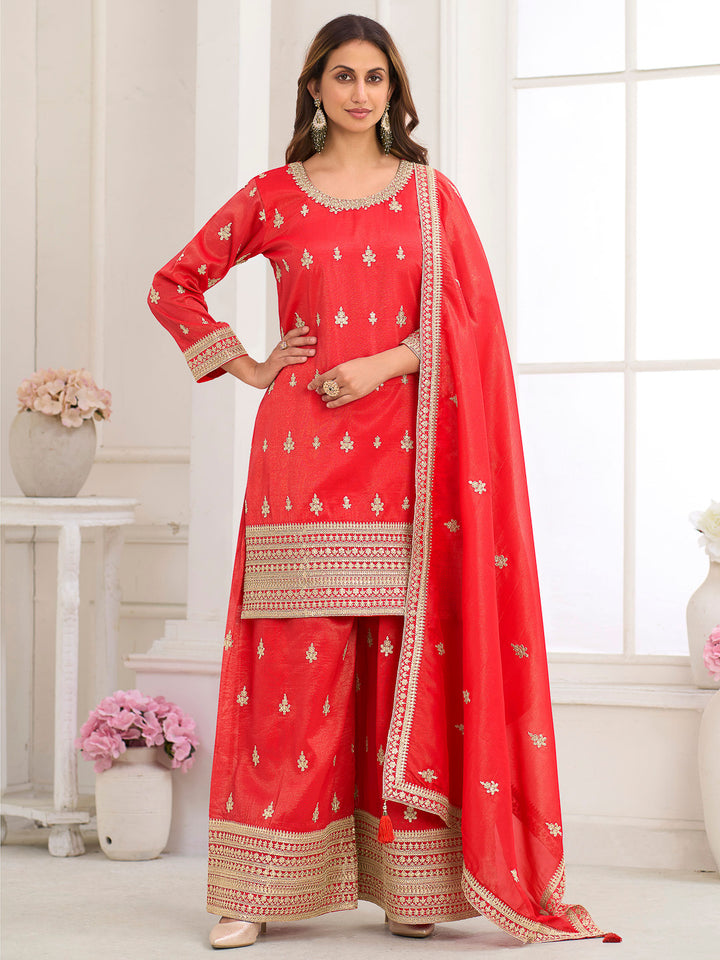 Red Art Silk Embroidered Kurta With Palazzo &amp; Dupatta