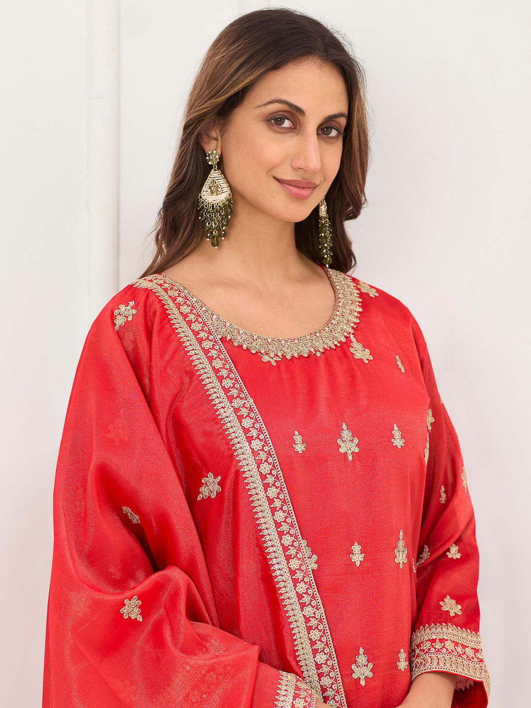 Red Art Silk Embroidered Kurta With Palazzo &amp; Dupatta